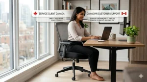 Illustration 5: A photorealistic illustration showcasing bilingual customer support for budget office chairs, featuring a Canadian condo office setting with French and English text overlays.