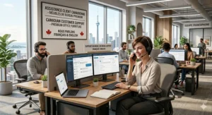 Iconography representing English and French bilingual customer support for office furniture shoppers in Canada.