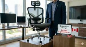 Graphic showing a mesh chair with "Ergonomic Design / Design Ergonomique" text, highlighting quality office furniture for Canadian shoppers.