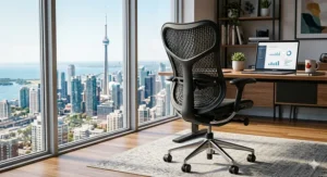 Close-up illustration of breathable mesh material on a premium desk chair, ideal for Canadian office environments.