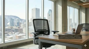 Illustration of a mesh-backed modern office chair designed for breathability in climate-controlled Canadian offices.