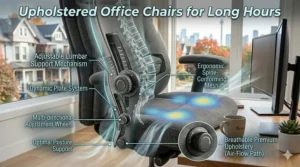 Detailed view of premium, breathable Canadian-sourced upholstery fabric on an ergonomic task chair.