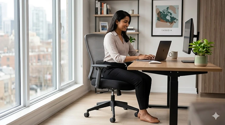 A photorealistic 4K image of a modern home office in a Toronto condo featuring a comfortable, ergonomic mesh office chair under $300 CAD. budget office chairs Canada under 300