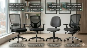 Illustration 4: A 4K photorealistic product comparison chart highlighting the high-quality ergonomic features and durable materials of a $299 CAD office chair available in Canada.