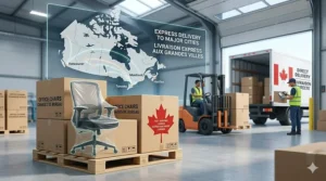 Illustration 2: Photorealistic warehouse scene with boxes marked for "Office Chairs / Chaises de Bureau" featuring a Canadian maple leaf graphic, indicating nationwide shipping.
