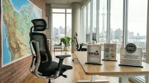 Icons representing BIFMA and safety certifications for designer office chairs sold in Canada to ensure long-term durability and quality.