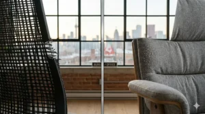 A person wiping a mesh chair and another vacuuming a fabric chair to demonstrate different cleaning and maintenance methods.