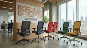 A palette of modern office chairs in various colors, from classic charcoal to vibrant red, for creative Canadian studios.