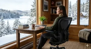 Comfortable black office chair in a cozy study with a view of a snowy Canadian landscape.
