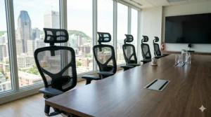 A row of high-back mesh office chairs in a professional Montreal corporate boardroom setting.