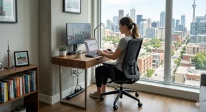 Modern compact black office chair designed for a small-space Toronto condo workstation.