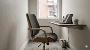 Compact Scandinavian office chair designed for small apartment workspaces in Montreal, showcasing space-saving Nordic furniture design.
