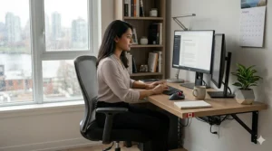 Illustration 3: A space-saving home office setup in a small Vancouver apartment featuring a compact, ergonomic office chair under $300 CAD and a dual-monitor desk.