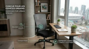 Illustration 7: A photorealistic illustration of a black mesh ergonomic office chair in a compact Vancouver condo workspace, featuring a bilingual infographic overlay highlighting its space-saving design.