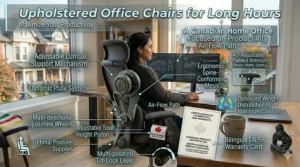 An upholstered ergonomic chair in a bright Canadian study with a view of maple trees through the window.