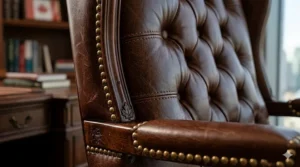 Close-up detail of brass nailhead trim on premium leather traditional executive chairs, showcasing high-quality Canadian office furniture craftsmanship.
