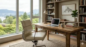 A photorealistic cream-white leather low-back Eames-style management chair placed in a cozy, sunlit Vancouver home office overlooking mountains and green trees.