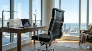 A photorealistic close-up view of a black leather Eames-style high-back office chair in a Toronto penthouse, showcasing a bilingual (English and French) care tag and "Made in Canada" branding on the desk and frame.
