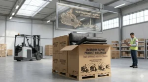 A photorealistic 4K wide-angle photograph capturing a clean Mississauga distribution hub, showing stacked cardboard boxes and a suspended graphic panel with bilingual English and French text, illustrating fast shipping across Canada for Eames-style high-back office chairs.
