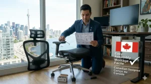Easy-to-follow illustration of a mesh office chair assembly process with a Canadian flag icon representing local shipping.