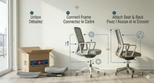 Simple 3-step assembly illustration for a minimalist task chair, emphasizing fast shipping across Canada.
