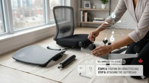 Illustration 8: A detailed 4K photorealistic photograph showing the assembly of a black mesh office chair with a bilingual graphic overlay for Step 6: Attaching the Casters.
