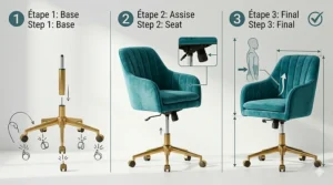 Simple assembly steps for velvet office chairs with bilingual English and French instructions (Assemblage facile).