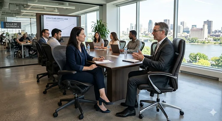 Professional ergonomic black office chairs in a modern Montreal corporate boardroom with floor-to-ceiling windows.