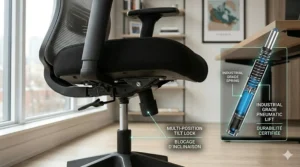 Illustration 6: A close-up, high-detail photograph of the industrial-grade pneumatic gas lift and multi-position tilt mechanism of a black mesh office chair, set in a bright Canadian condo office.