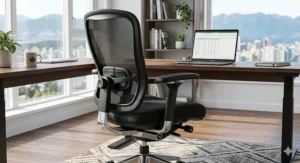 Illustration of an ergonomic office chair highlighting lumbar support features for Canadian professionals working from home.