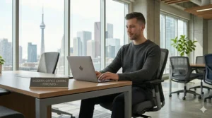 Illustration of modern office chairs with adjustable lumbar support, ideal for long Canadian workdays.