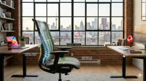 Ergonomic lumbar support comparison between a mesh chair and a fabric chair, showing proper posture for Canadian professionals.