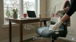 An ergonomic and stain resistant office chair with adjustable lumbar support for long Canadian workdays.