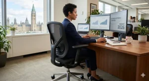 Detailed view of the lumbar support on a black office chair used in a Canadian government office in Ottawa.