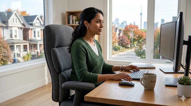 A professional in a modern Canadian home office sitting in a grey upholstered office chair designed for long hours of comfortable work. upholstered office chairs for long hours