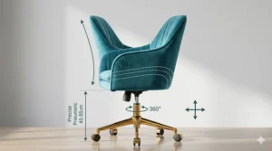 Side view illustration of an ergonomic velvet office chair highlighting back support and adjustable height features.