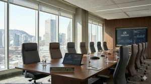 A row of premium leather modern office chairs in a sophisticated Montreal corporate boardroom.