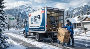 Illustration showing a delivery truck traveling through a Canadian landscape, representing fast shipping on office chairs to Toronto, Vancouver, and Ottawa.