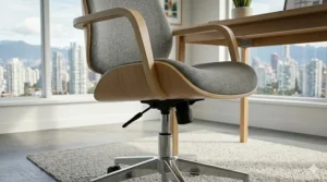 Light grey fabric Scandinavian swivel chair with a chrome base, a popular choice for modern professional interiors across Canada.
