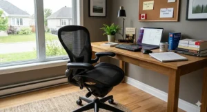 A stylish black office chair at a desk featuring English and French literature, perfect for a Canadian home office.