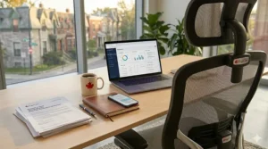 Comfortable office chair in a Montreal home office with bilingual English and French stationery.