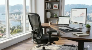 Illustration of a sleek, professional hybrid work-from-home setup featuring a premium Canadian office chair under $1,000.