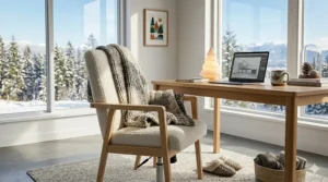 Cozy Scandinavian-inspired desk chair with wool upholstery, perfect for a warm and productive Canadian winter home office setup.