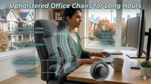 Close-up illustration of the adjustable lumbar support on a fabric upholstered office chair for long hours.