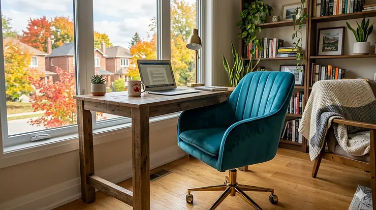 A plush teal velvet office chair in a modern Toronto home office, featuring ergonomic support for long workdays.