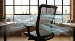 Illustration of airflow through a mesh backrest to stay cool during humid Canadian summers.