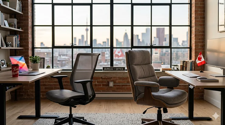 A side-by-side comparison of a breathable mesh office chair and a padded fabric office chair in a bright Canadian home office with a city view. mesh vs fabric office chair
