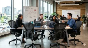 Group of modern mesh black office chairs in a collaborative tech hub in Kitchener-Waterloo.