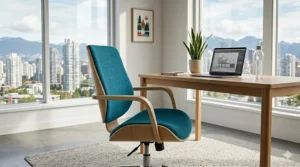 Vibrant blue Scandinavian office chair adding a pop of color to a minimalist Canadian design studio or home workspace.