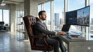A professional in Calgary using a classic wingback traditional executive chair, bridging heritage style with modern Canadian business culture.